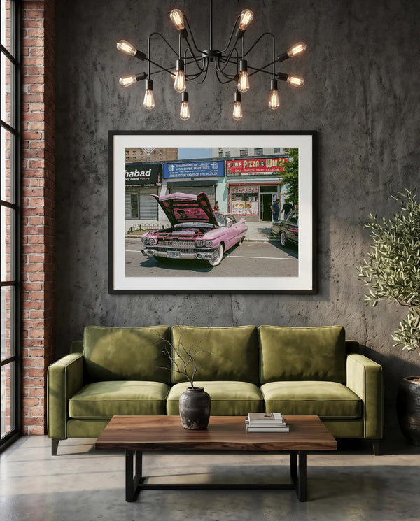 NYC Pink Caddy at Coney Island, Chabad-Christ-Pizza Block — green velvet couch room mockup, Good Beans NYC.