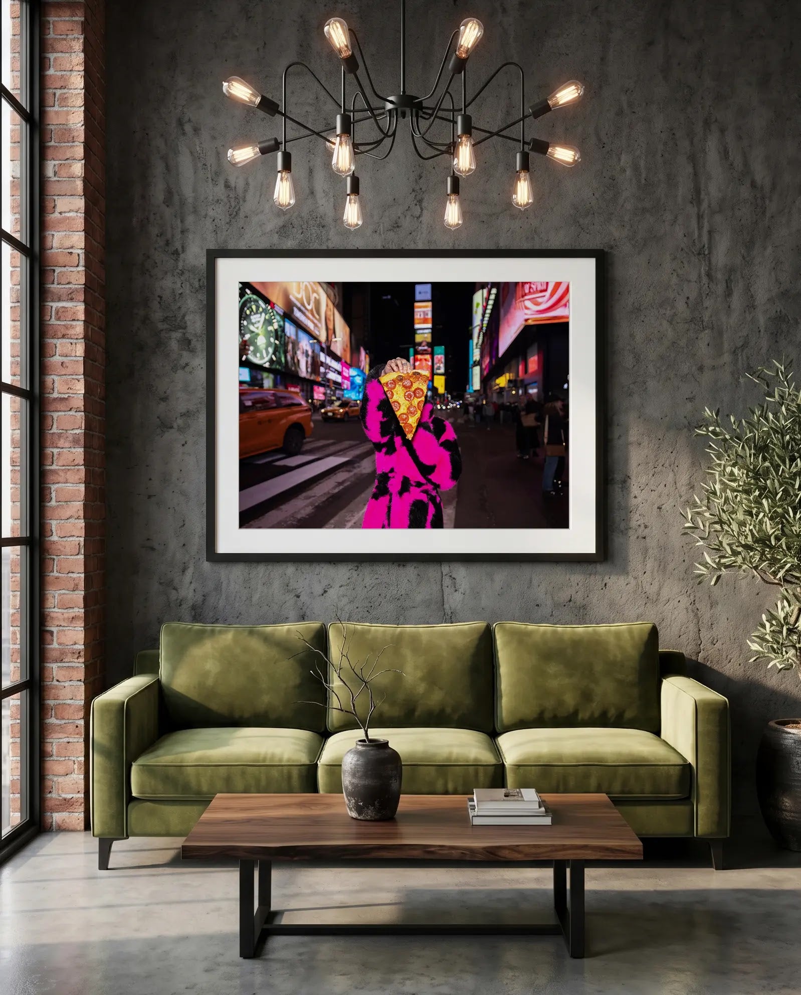 NYC New York in a Time of Pizza Up Close — green velvet couch room mockup, Good Beans NYC.