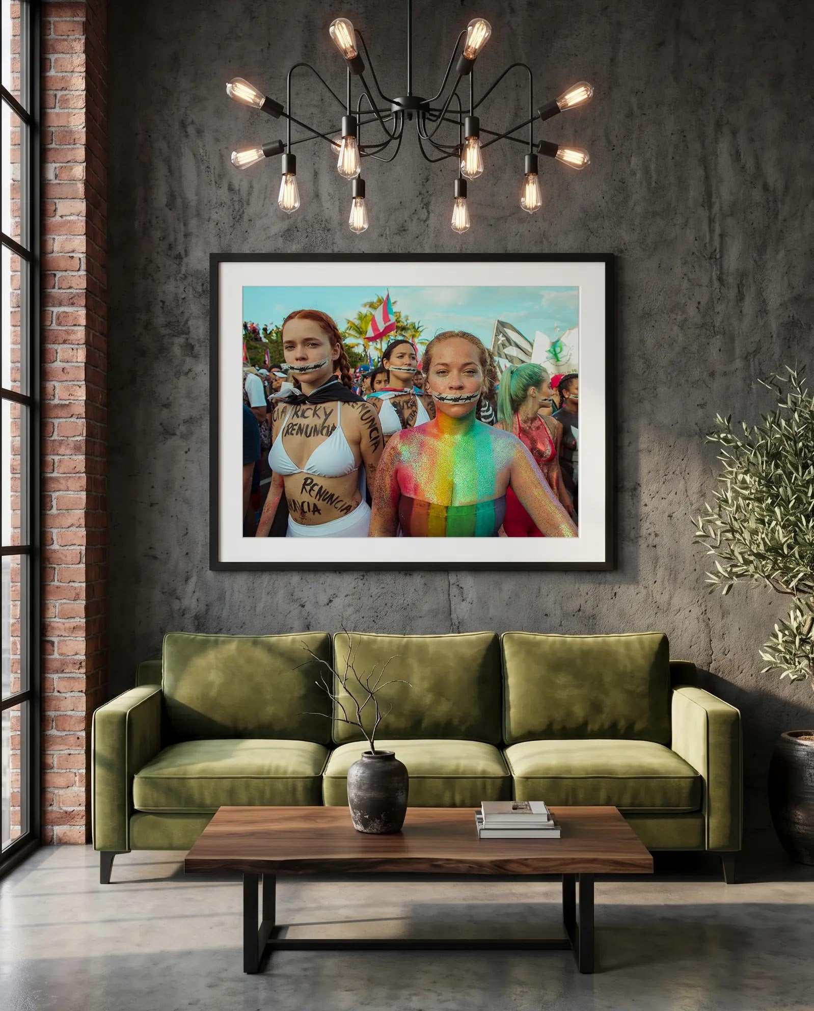 Puerto Rico Renuncia Body Paint Women, San Juan — green velvet couch room mockup, Good Beans NYC.
