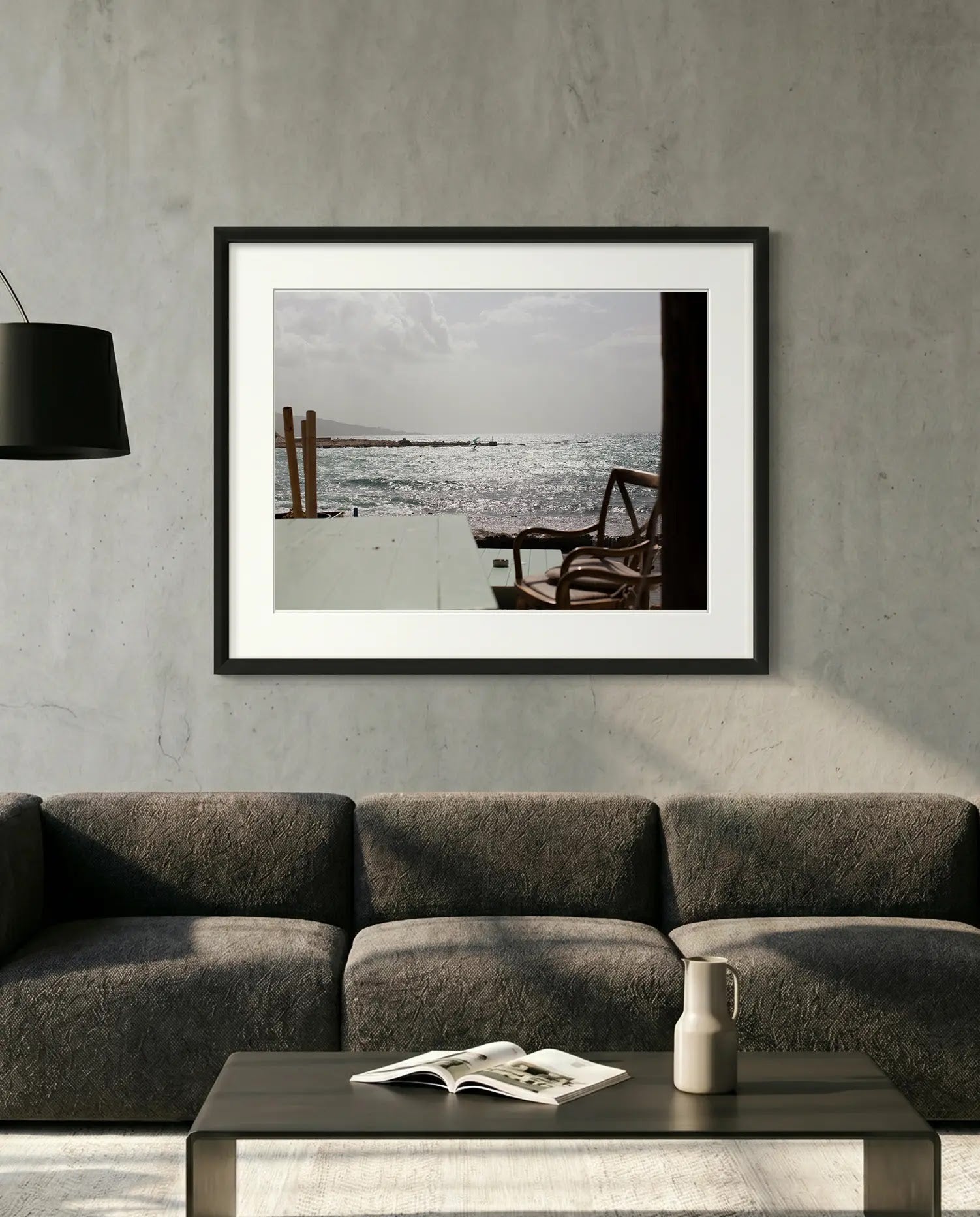 Wing Foiling off the Coast of Byblos, Lebanon — minimalist close-up framed print mockup, Good Beans NYC.