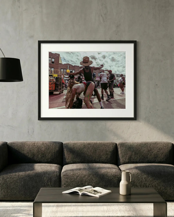 NYC J'Ouvert Straw Hat Dancer, Crown Heights — minimalist close-up framed print mockup, Good Beans NYC.