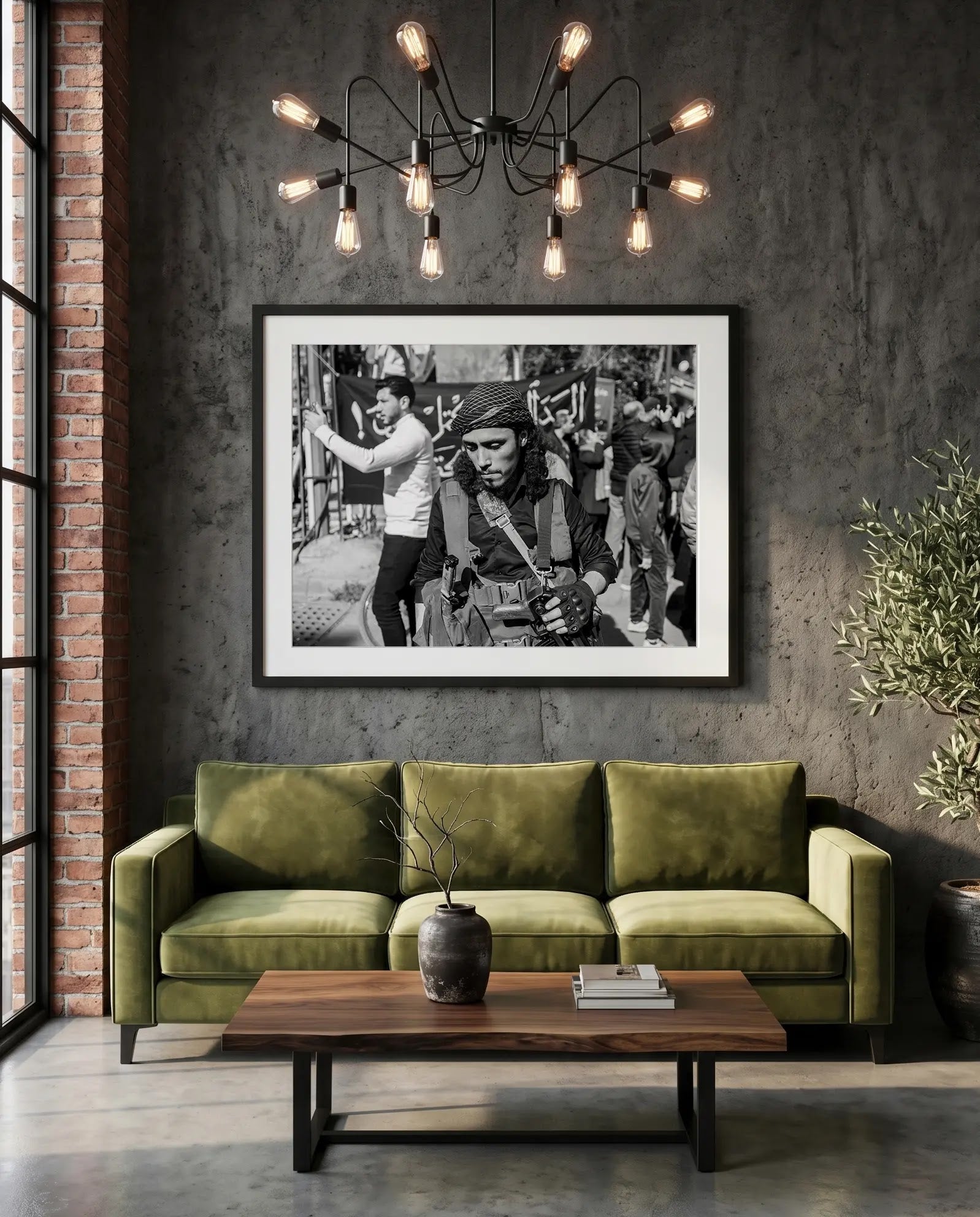 Damascus Fighter with Keffiyeh, Syria — green velvet couch room mockup, Good Beans NYC.
