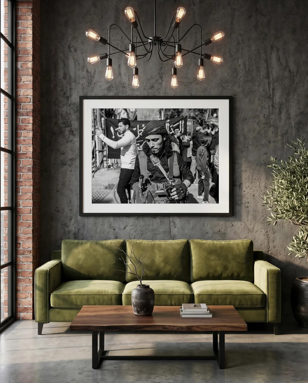 Damascus Fighter with Keffiyeh, Syria — green velvet couch room mockup, Good Beans NYC.
