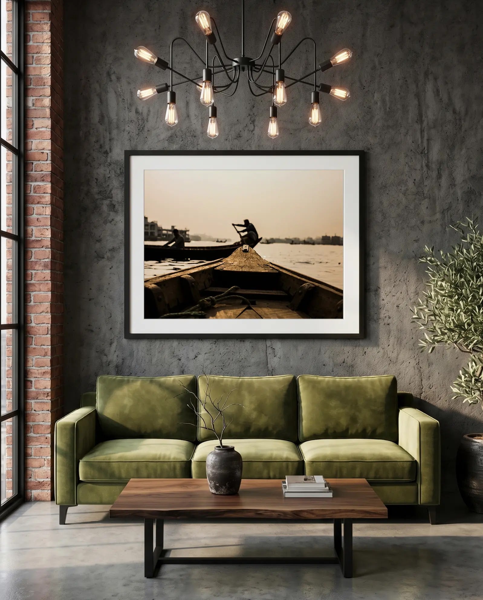 Dhaka Rower at Sunrise, Buriganga River — green velvet couch room mockup, Good Beans NYC.