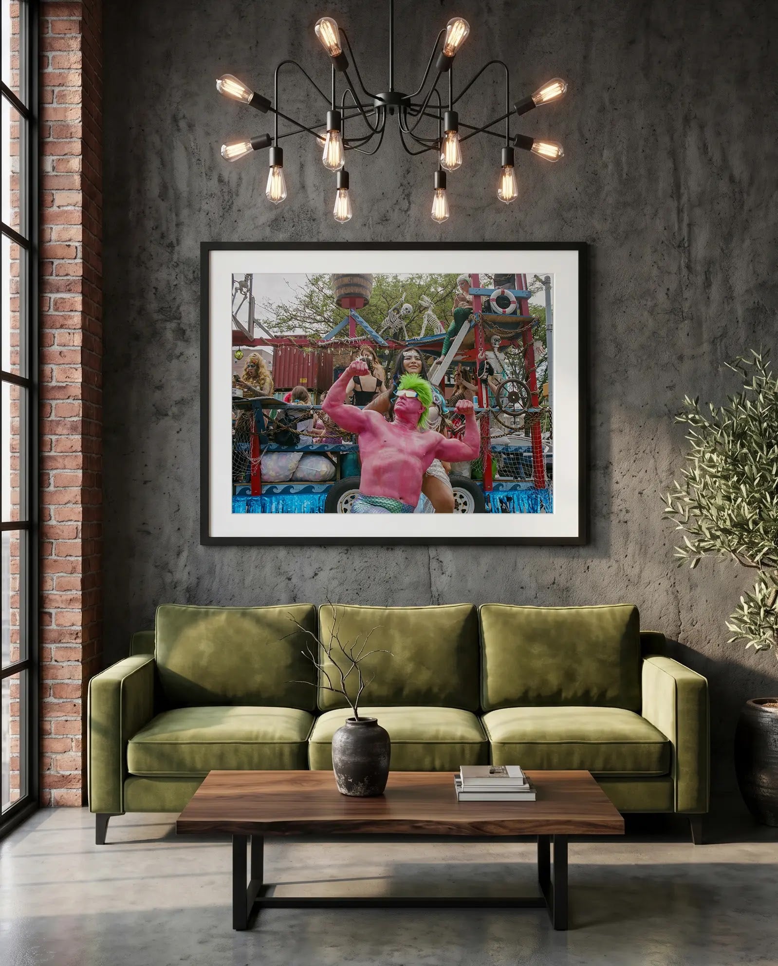 NYC Mermaid Parade Pink Hulk — Coney Island — green velvet couch room mockup, Good Beans NYC.