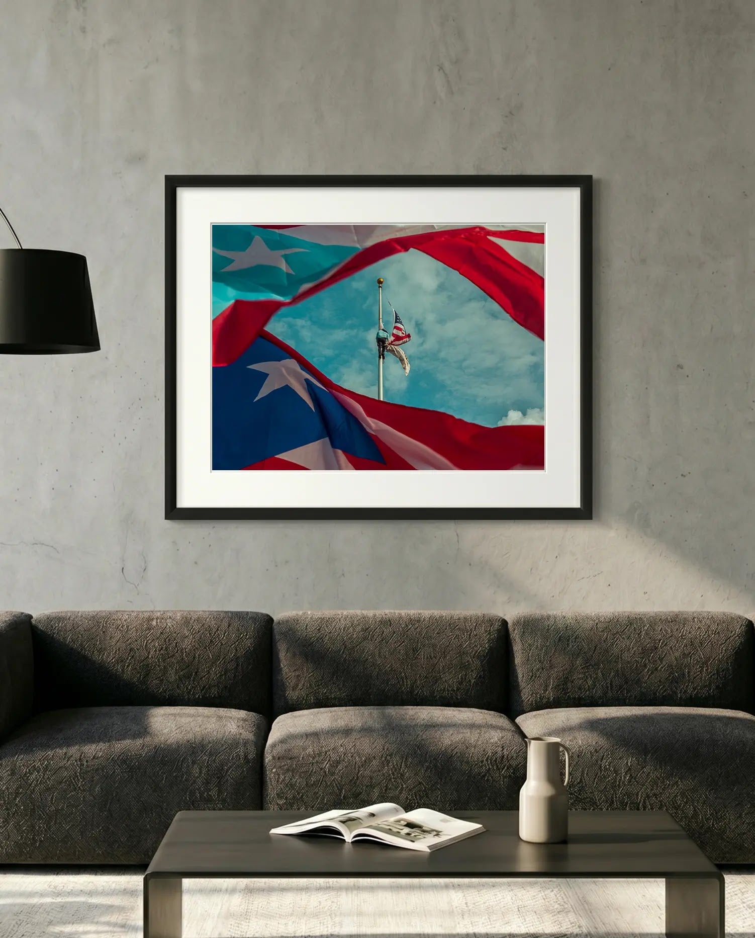 Puerto Rican Flag, American Flag at Half Mast, San Juan — minimalist close-up framed print mockup, Good Beans NYC.