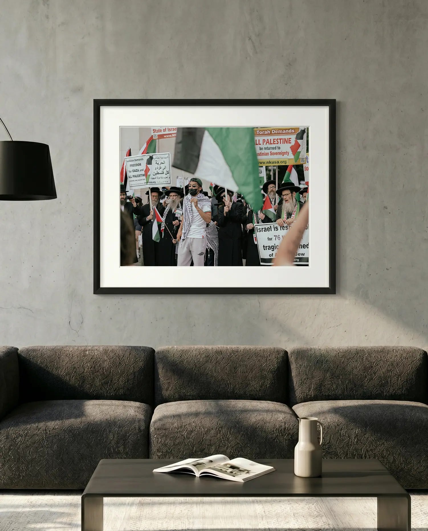 NYC Neturei Karta at Free Palestine Protest — minimalist close-up framed print mockup, Good Beans NYC.