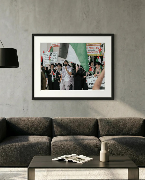 NYC Neturei Karta at Free Palestine Protest — minimalist close-up framed print mockup, Good Beans NYC.