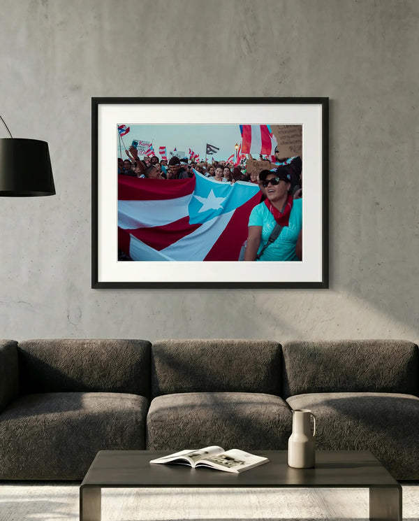 Puerto Rico Black Flag Resistance March, San Juan — minimalist close-up framed print mockup, Good Beans NYC.