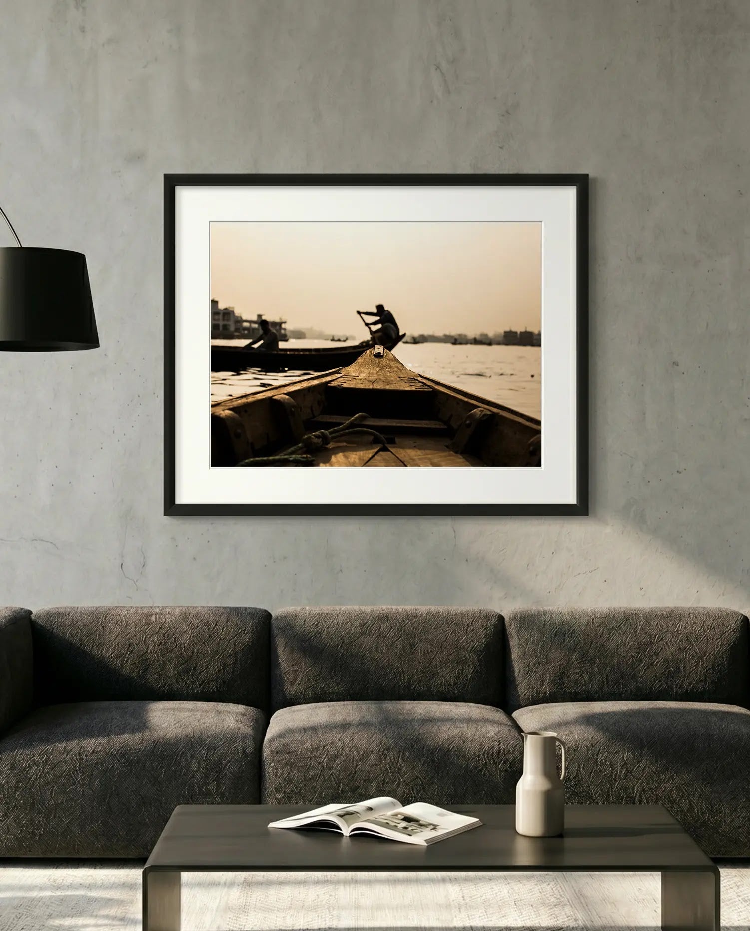 Dhaka Rower at Sunrise, Buriganga River — minimalist close-up framed print mockup, Good Beans NYC.
