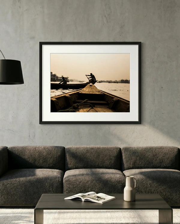 Dhaka Rower at Sunrise, Buriganga River — minimalist close-up framed print mockup, Good Beans NYC.