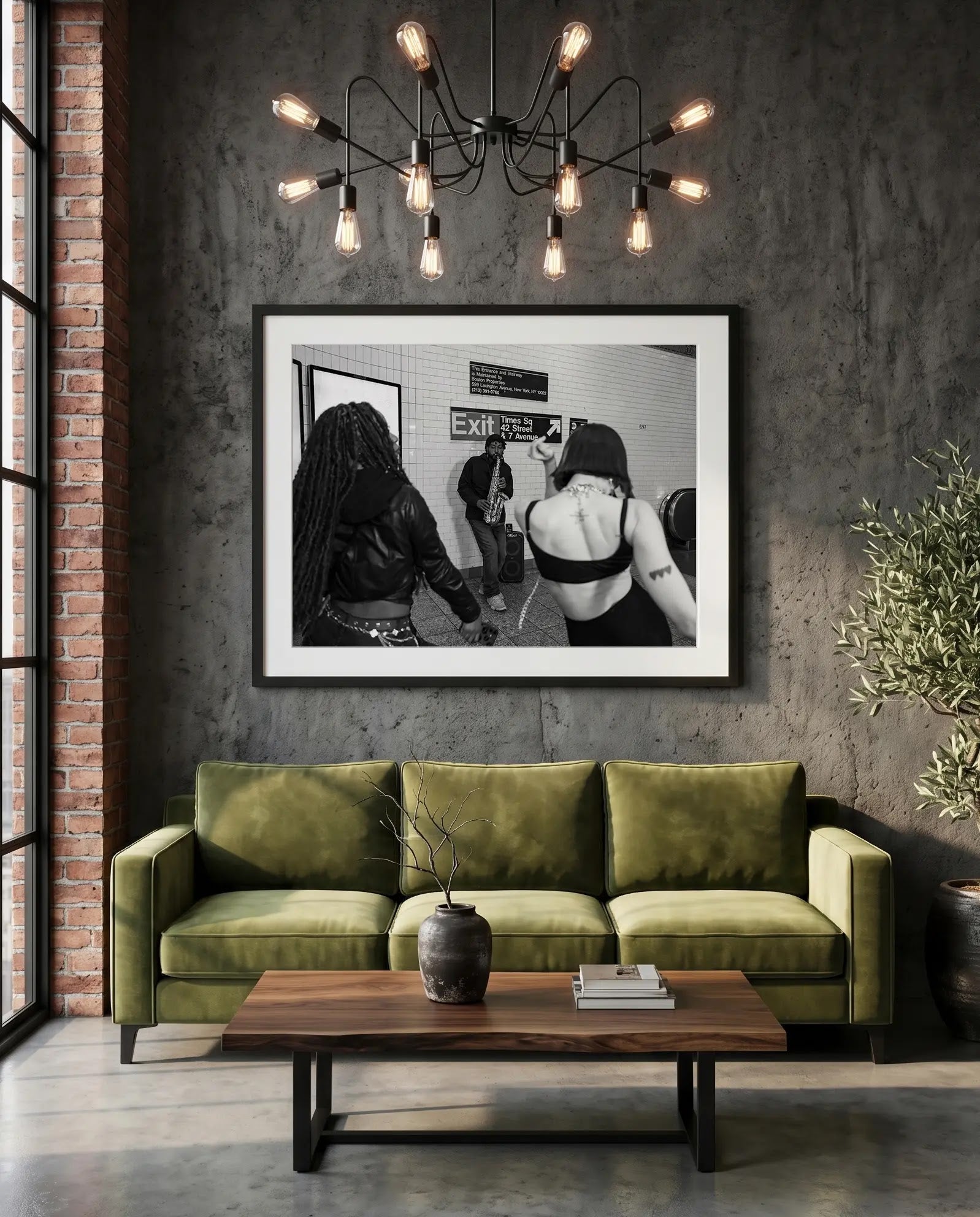 NYC Times Square Busking Dance, 42nd Street — green velvet couch room mockup, Good Beans NYC.