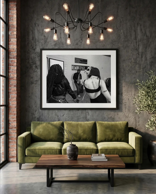 NYC Times Square Busking Dance, 42nd Street — green velvet couch room mockup, Good Beans NYC.