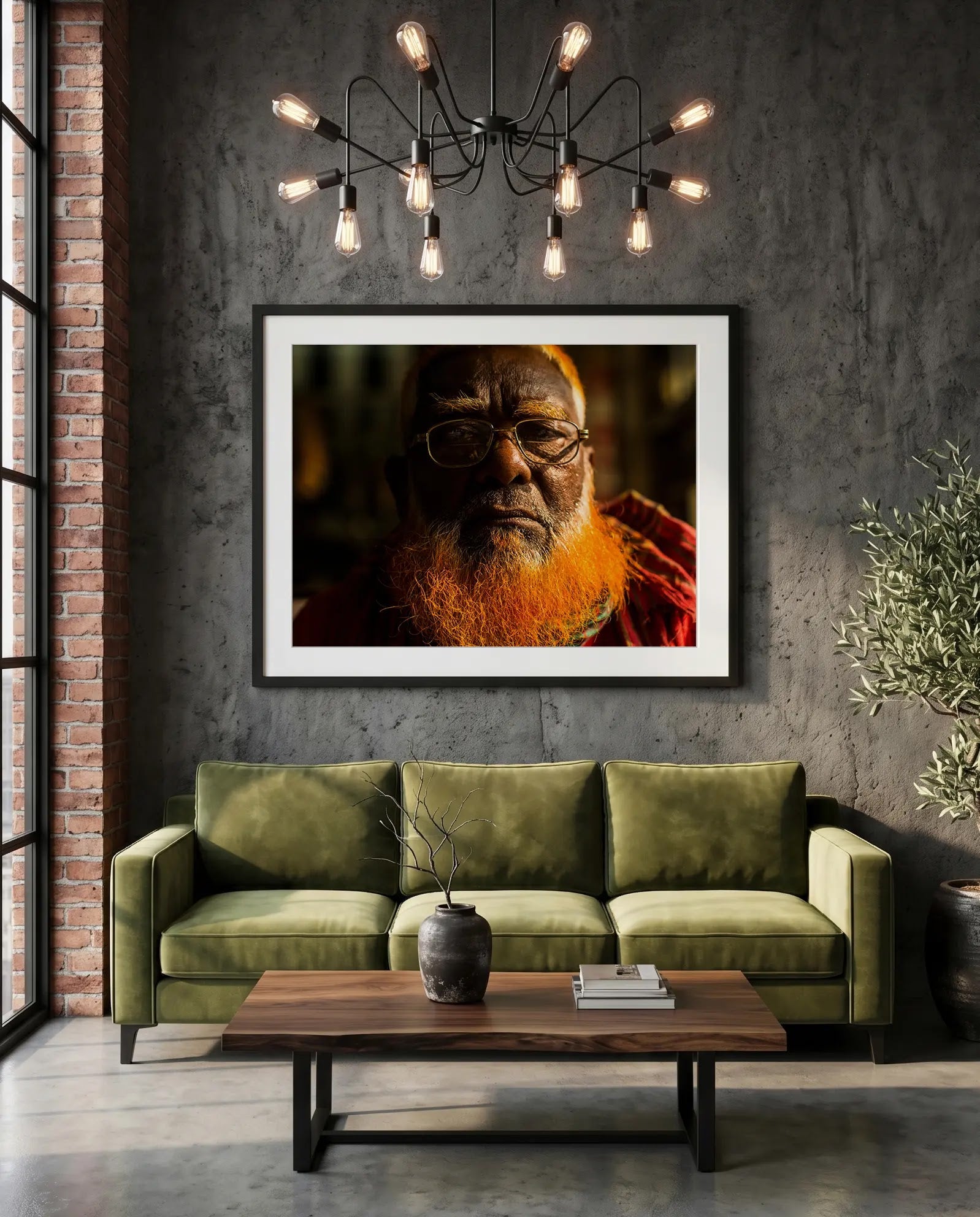 Dhaka Henna-Beard Portrait, Bangladesh — green velvet couch room mockup, Good Beans NYC.