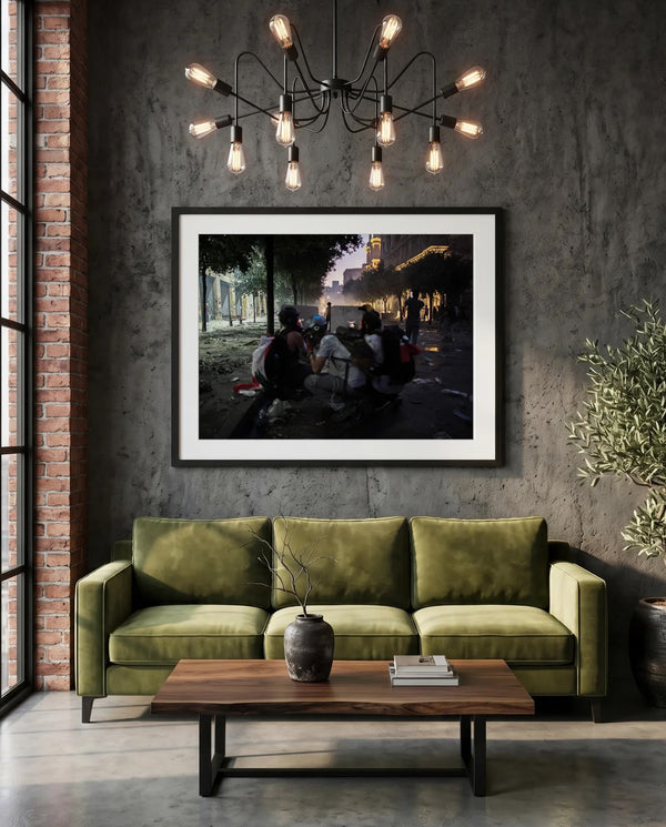 Beirut Shielded Protesters at Night — green velvet couch room mockup, Good Beans NYC.