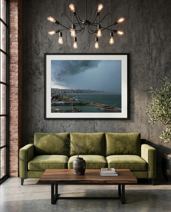 Beirut Storm, Lebanese Coast — green velvet couch room mockup, Good Beans NYC.