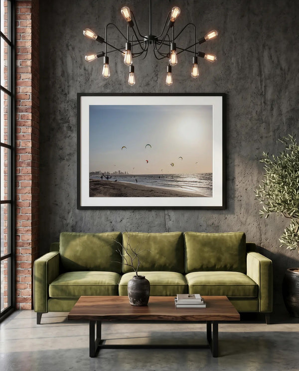 Cartagena Kite Beach — Colombia — green velvet couch room mockup, Good Beans NYC.