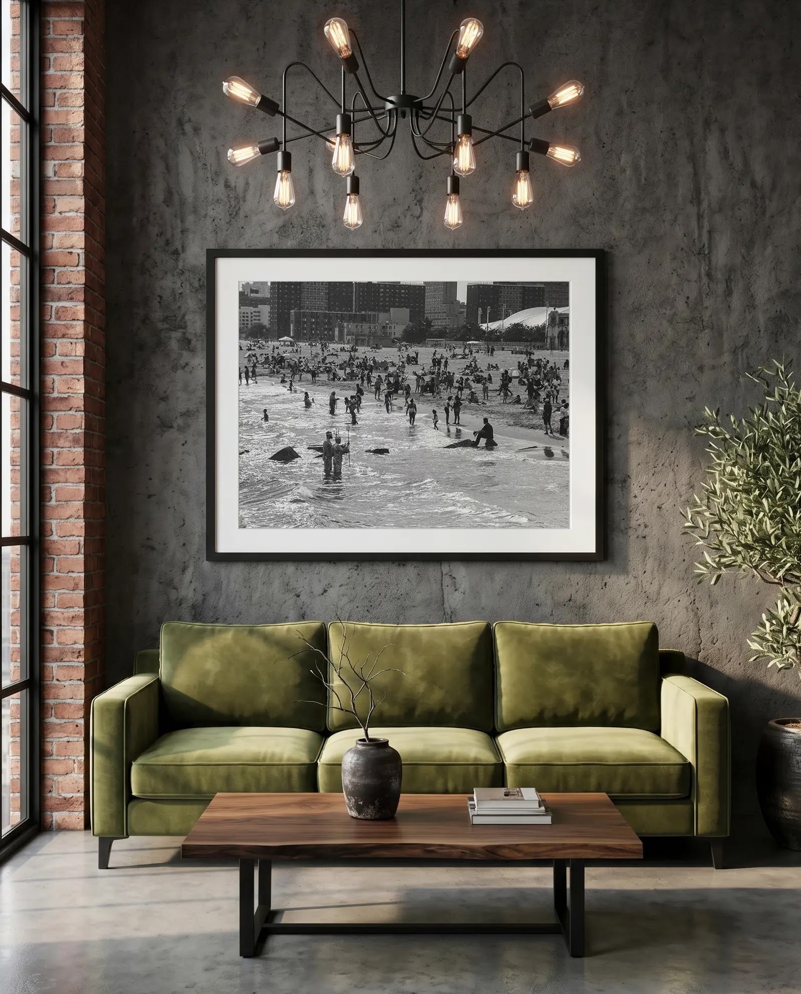 NYC Mermaid Parade Sea Men, Coney Island Surf — green velvet couch room mockup, Good Beans NYC.