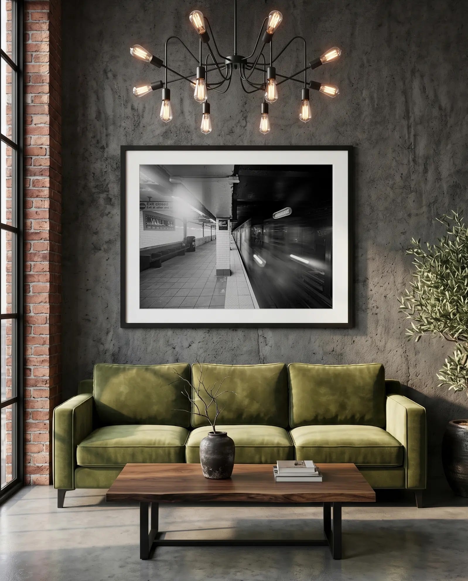 NYC Subway Wall Street Platform Blur — green velvet couch room mockup, Good Beans NYC.