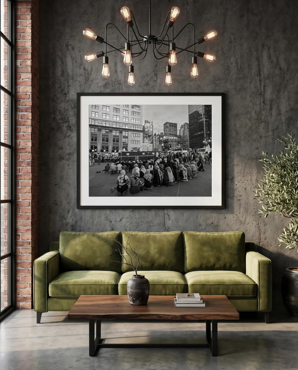 NYC Pro Palestine Prayer #2 — green velvet couch room mockup, Good Beans NYC.