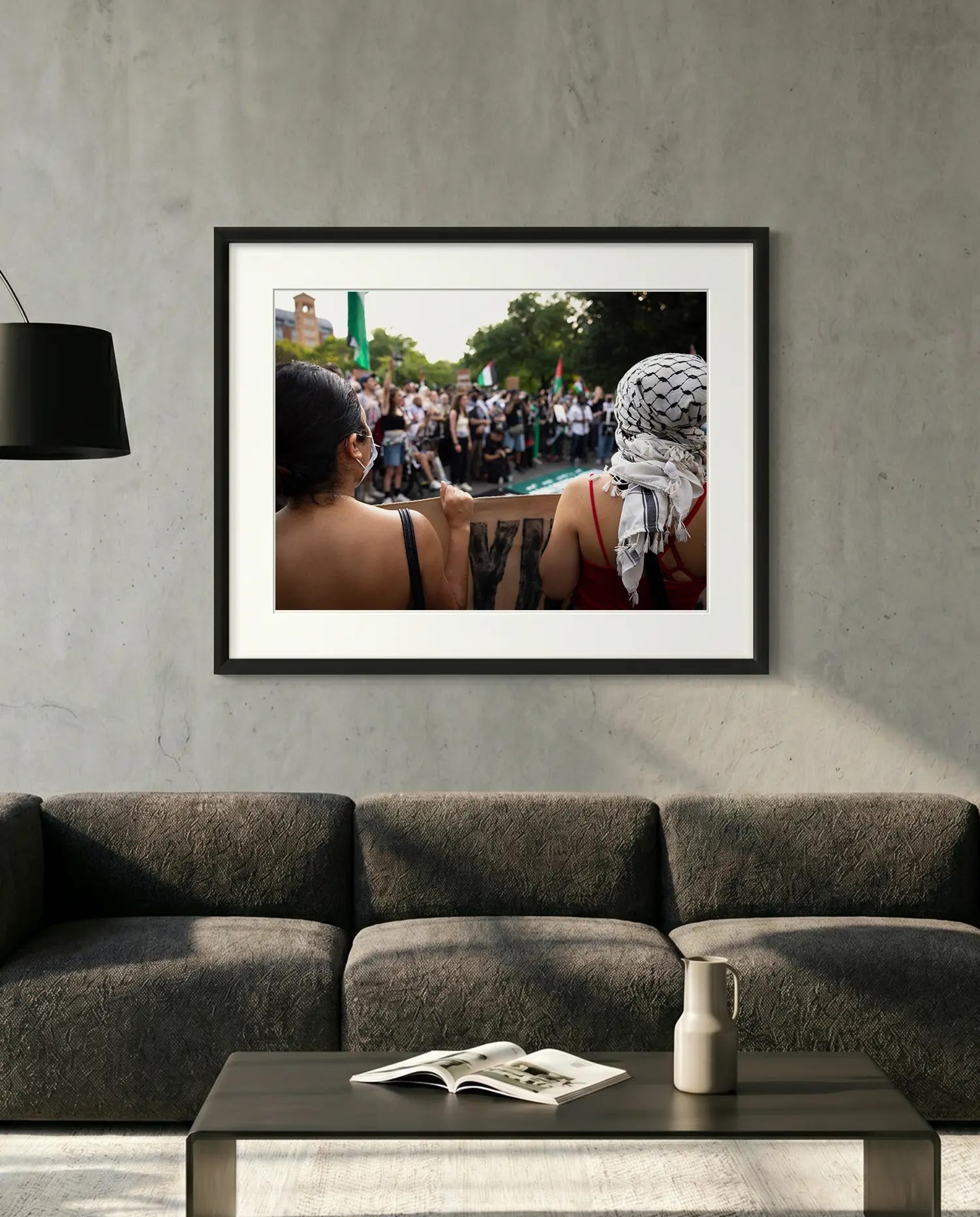 NYC Pro Palestine Protest, Washington Square Park — minimalist close-up framed print mockup, Good Beans NYC.