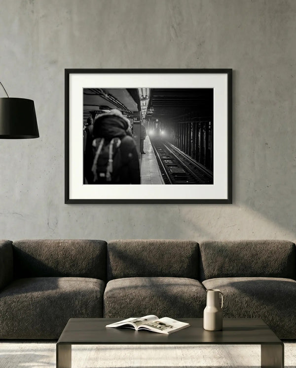 NYC Subway 5 Train Platform, Portals Series — minimalist close-up framed print mockup, Good Beans NYC.