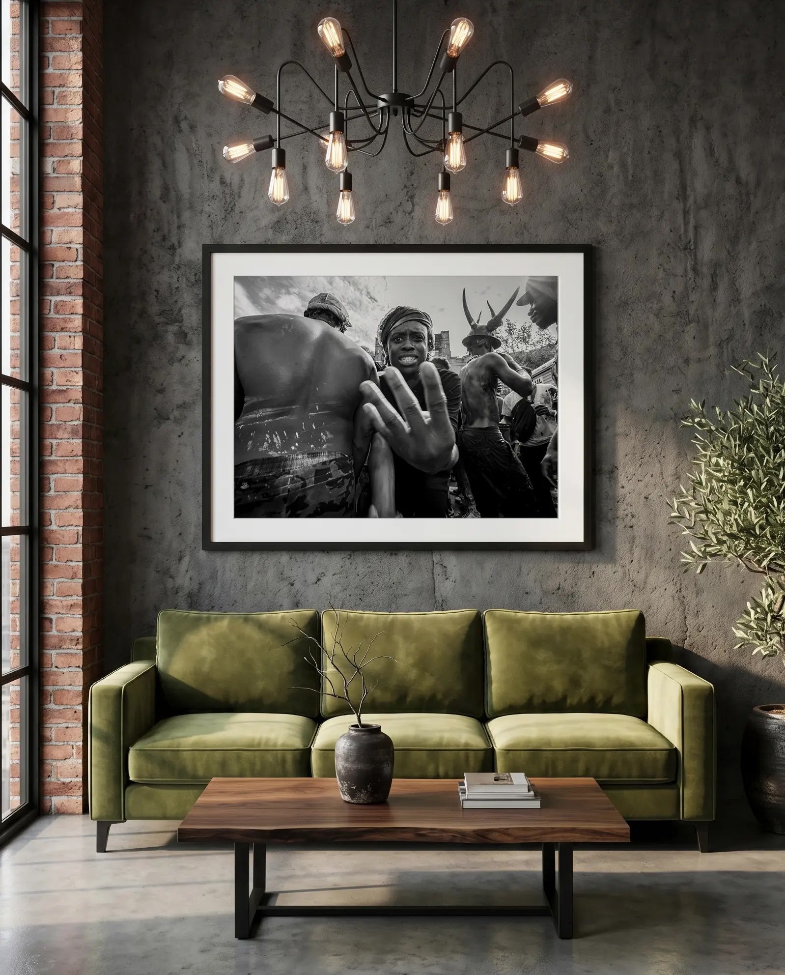 NYC J'Ouvert Boy Hand Sign, Brooklyn Before Sunrise — green velvet couch room mockup, Good Beans NYC.