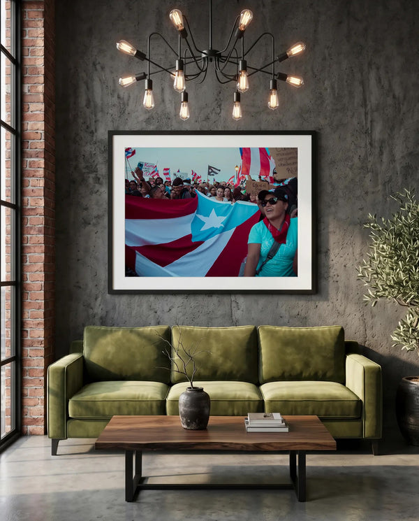 Puerto Rico Black Flag Resistance March, San Juan — green velvet couch room mockup, Good Beans NYC.