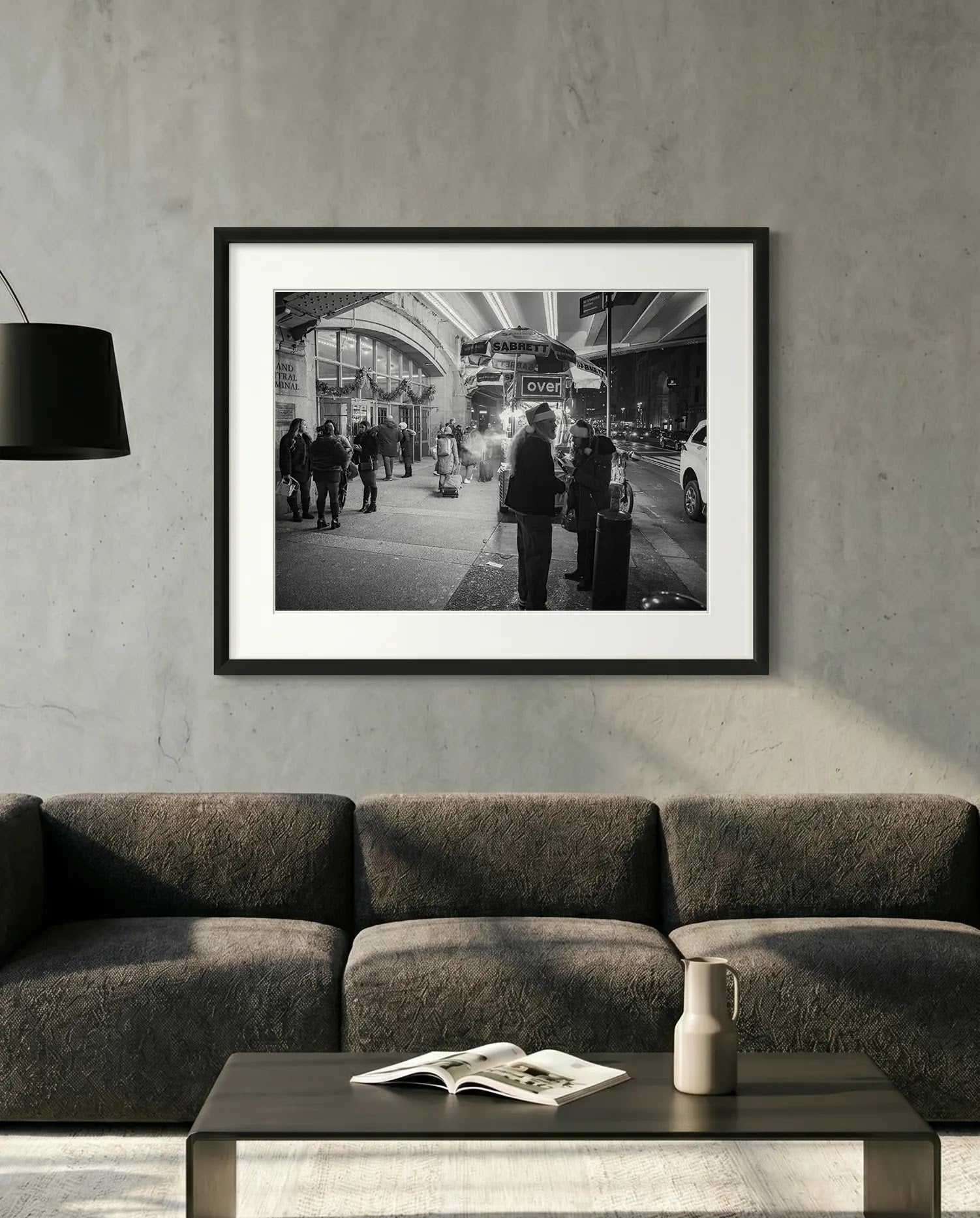 NYC Grand Central Santa Cart, 42nd Street — minimalist close-up framed print mockup, Good Beans NYC.