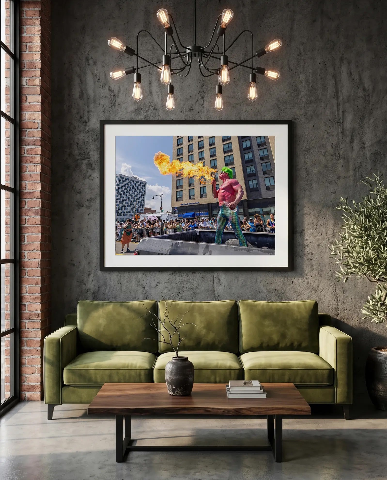 NYC Mermaid Parade Fire-Breather, Coney Island — green velvet couch room mockup, Good Beans NYC.