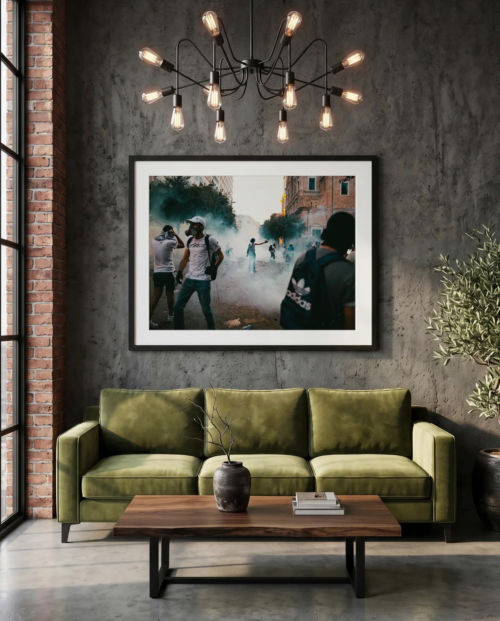 Beirut Tear Gas Protest, October Revolution — green velvet couch room mockup, Good Beans NYC.