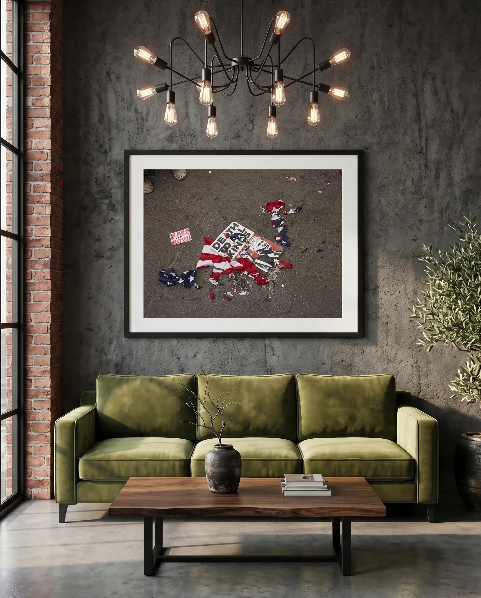 NYC Death to Kings, Burned Flag at Washington Square Park — green velvet couch room mockup, Good Beans NYC.