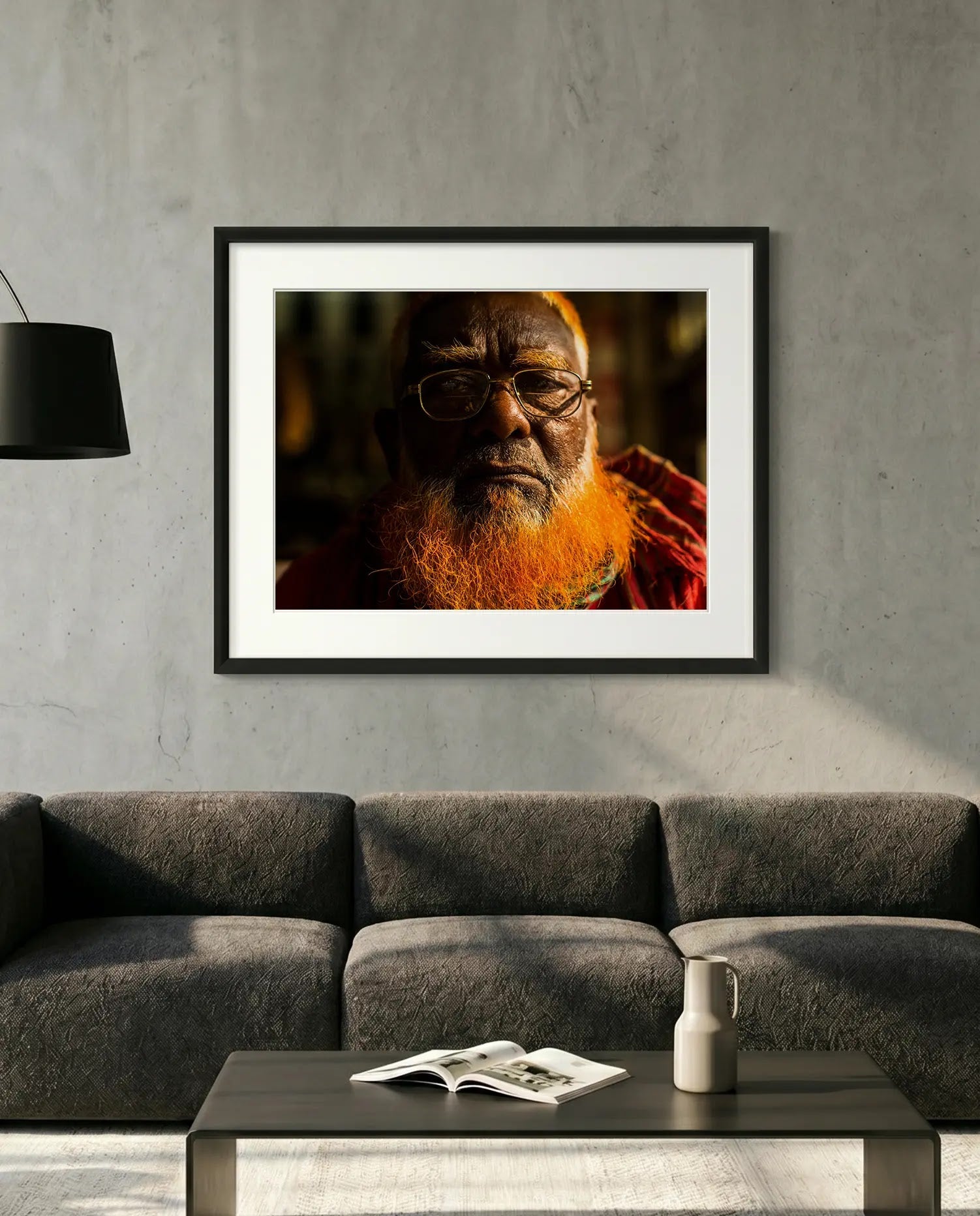 Dhaka Henna-Beard Portrait, Bangladesh — minimalist close-up framed print mockup, Good Beans NYC.