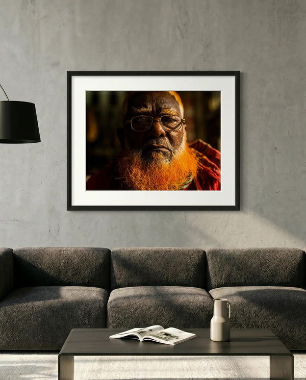 Dhaka Henna-Beard Portrait, Bangladesh — minimalist close-up framed print mockup, Good Beans NYC.