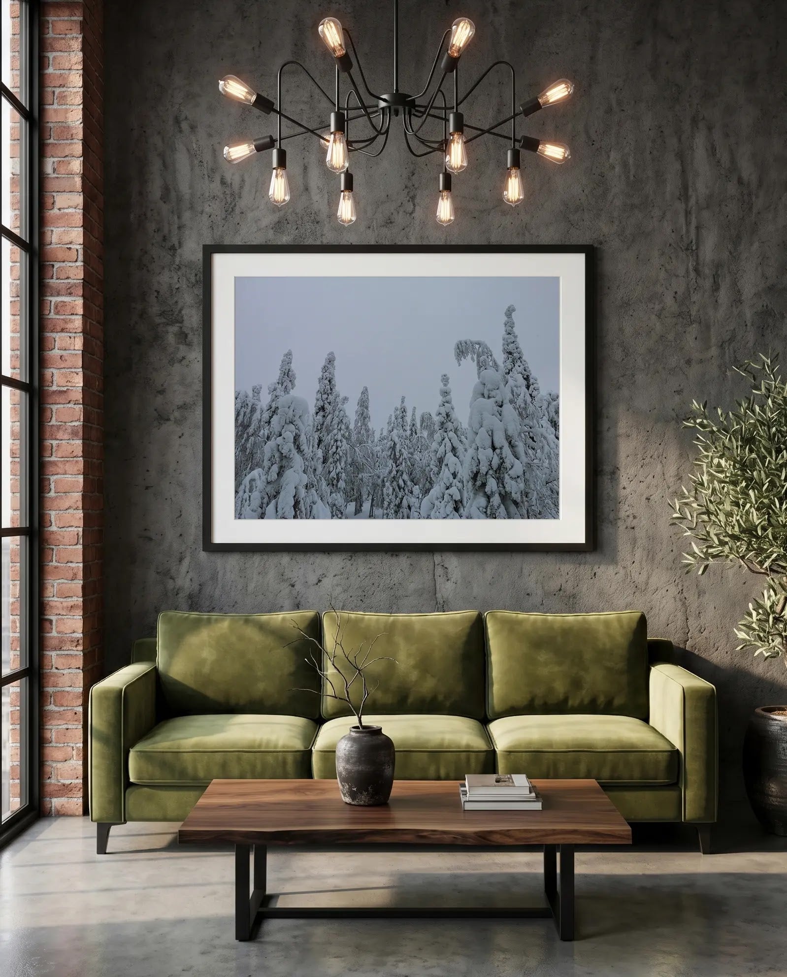 Finland Arctic Circle Snow Forest, Lapland — green velvet couch room mockup, Good Beans NYC.