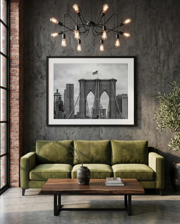 NYC Brooklyn Bridge from Afar, Manhattan Skyline — green velvet couch room mockup, Good Beans NYC.