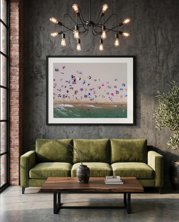 Barcelona from the Air, Barceloneta Beach by Karim Iliya — green velvet couch room mockup, Good Beans NYC.