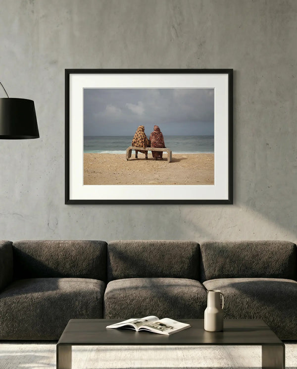 Moroccan Women on Bench by the Sea, Taghazout — minimalist close-up framed print mockup, Good Beans NYC.