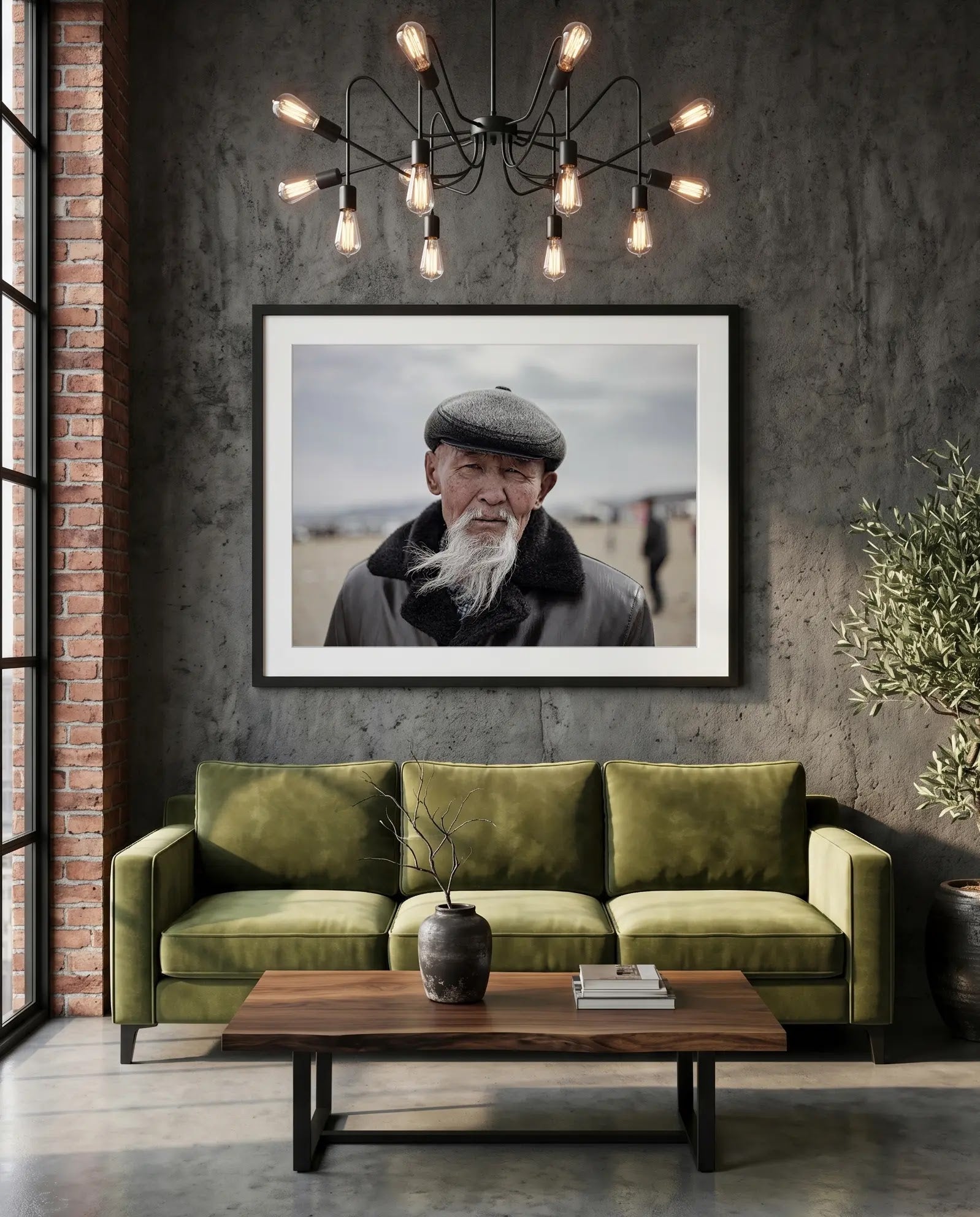 Old Mongolian Man Portrait, Bayan-Ölgii — green velvet couch room mockup, Good Beans NYC.