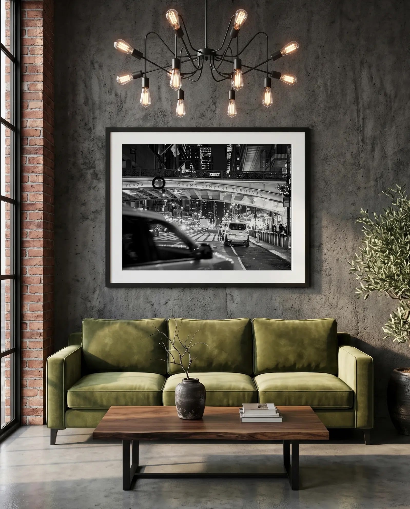 NYC Grand Central Pershing Square, 42nd Street — green velvet couch room mockup, Good Beans NYC.