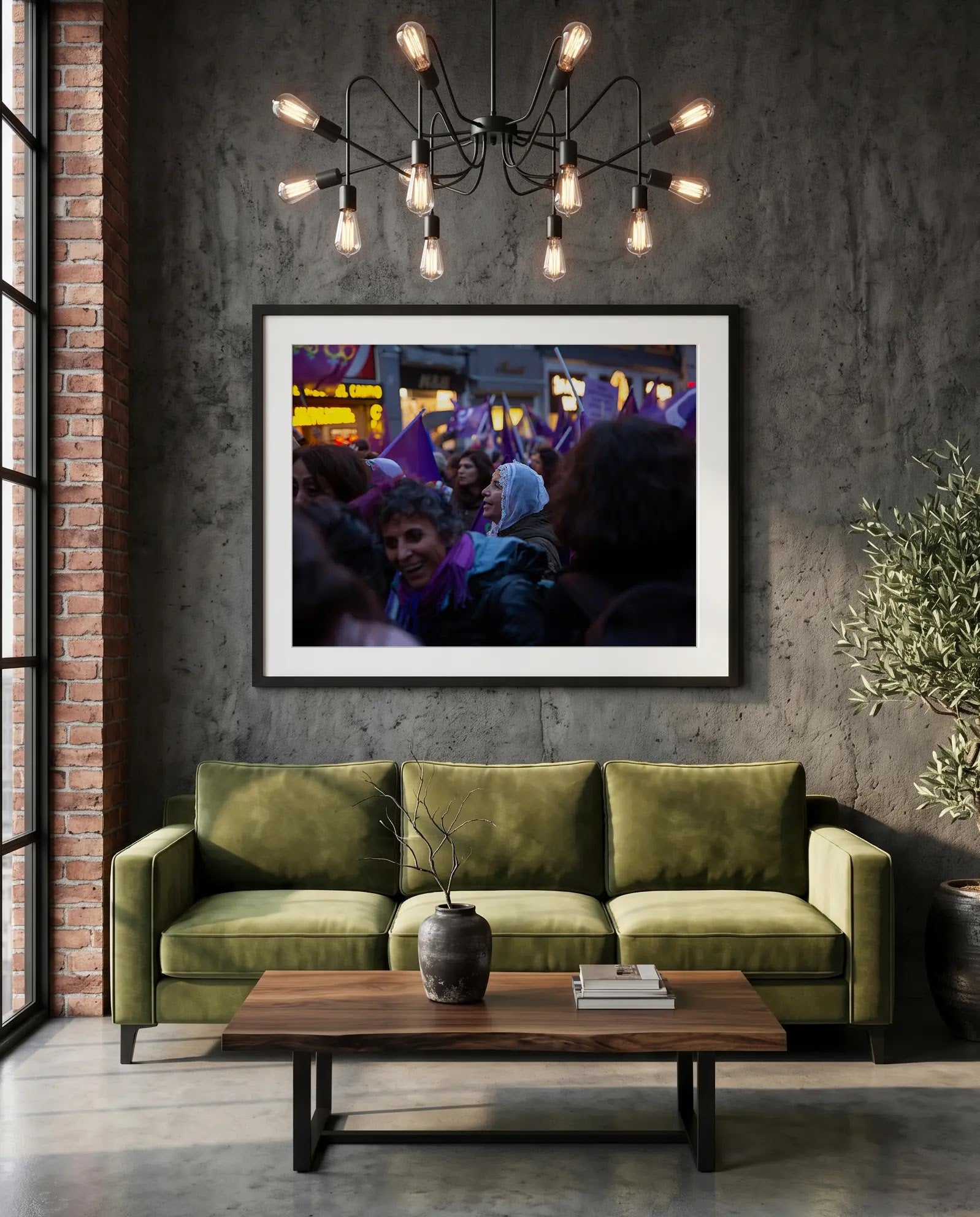 Istanbul Women's March Old Lady, Istiklal Avenue — green velvet couch room mockup, Good Beans NYC.