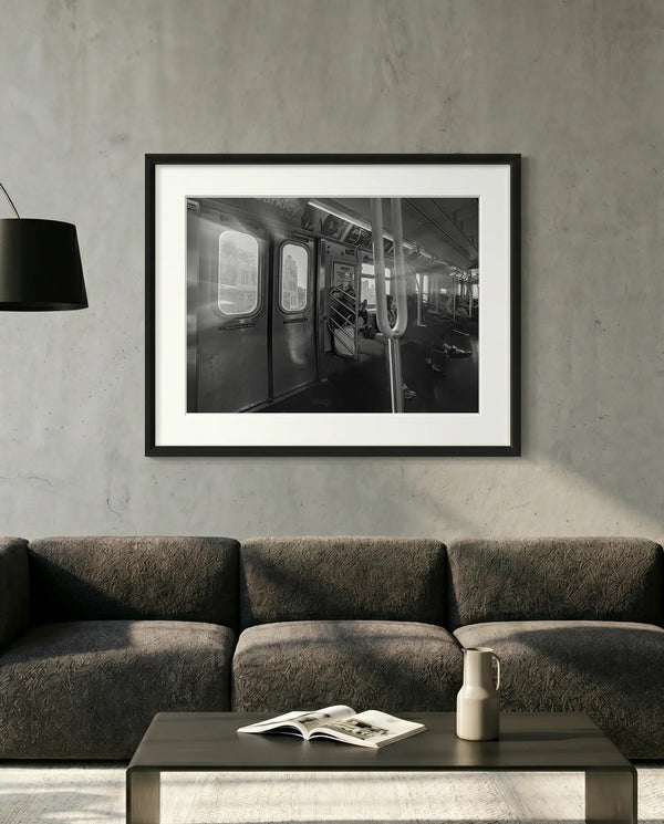NYC Subway Sunlight Crossing the Manhattan Bridge — minimalist close-up framed print mockup, Good Beans NYC.
