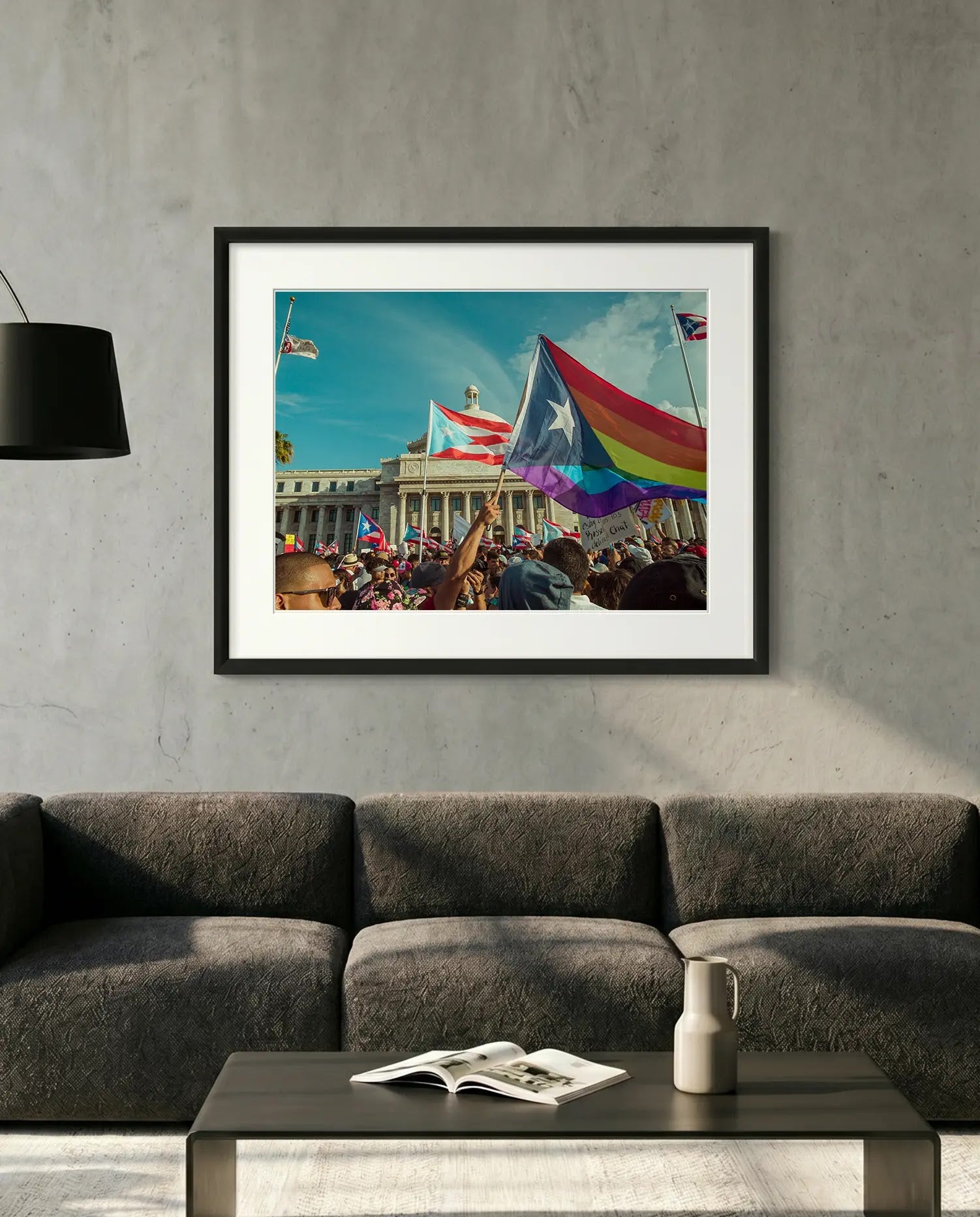 Puerto Rico Capitol Pride Protest, Rainbow Flag — minimalist close-up framed print mockup, Good Beans NYC.