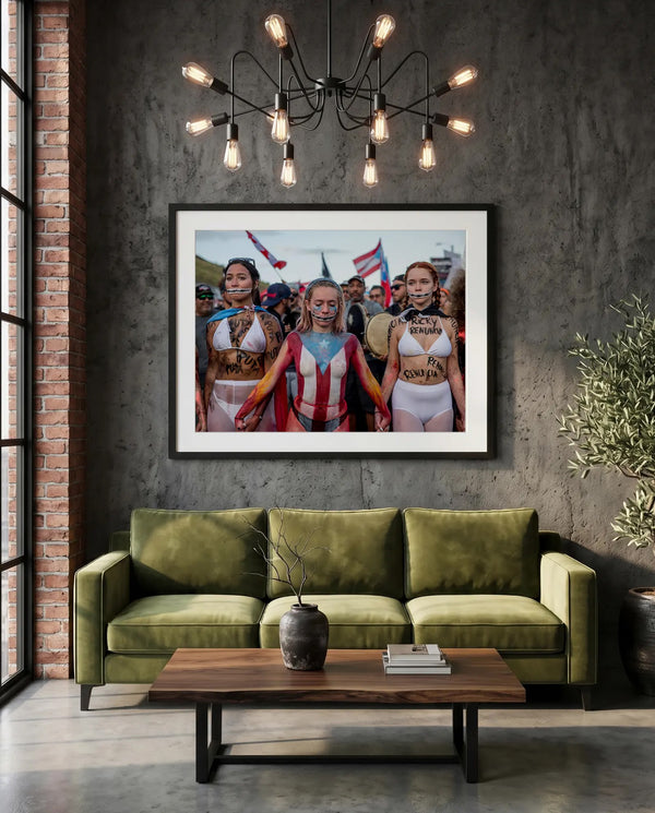 Puerto Rico Women, Ricky Renuncia Protest, San Juan — green velvet couch room mockup, Good Beans NYC.