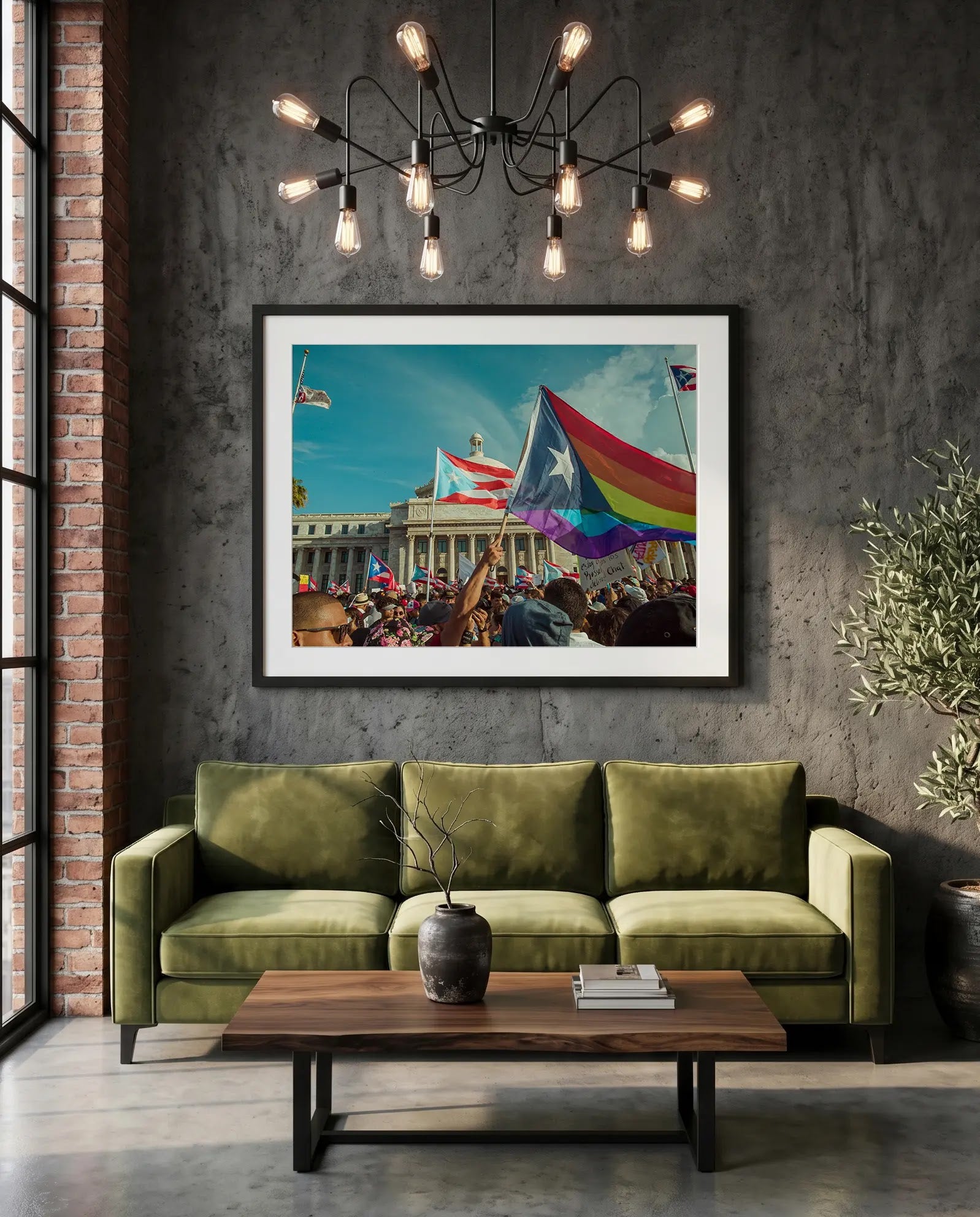 Puerto Rico Capitol Pride Protest, Rainbow Flag — green velvet couch room mockup, Good Beans NYC.