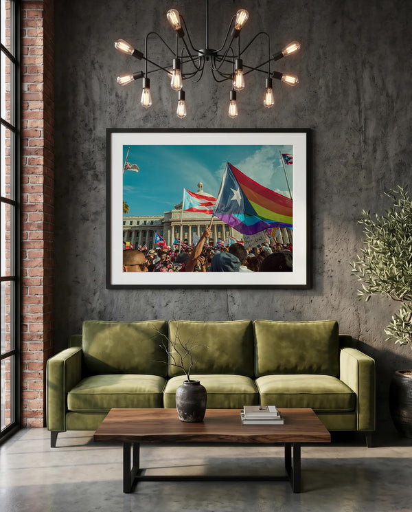 Puerto Rico Capitol Pride Protest, Rainbow Flag — green velvet couch room mockup, Good Beans NYC.
