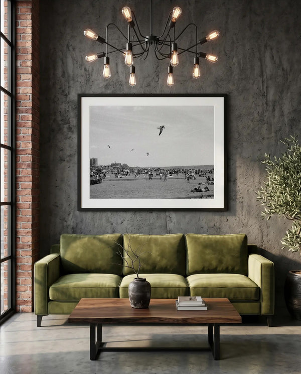NYC Coney Island Beach Birds, Brooklyn — green velvet couch room mockup, Good Beans NYC.