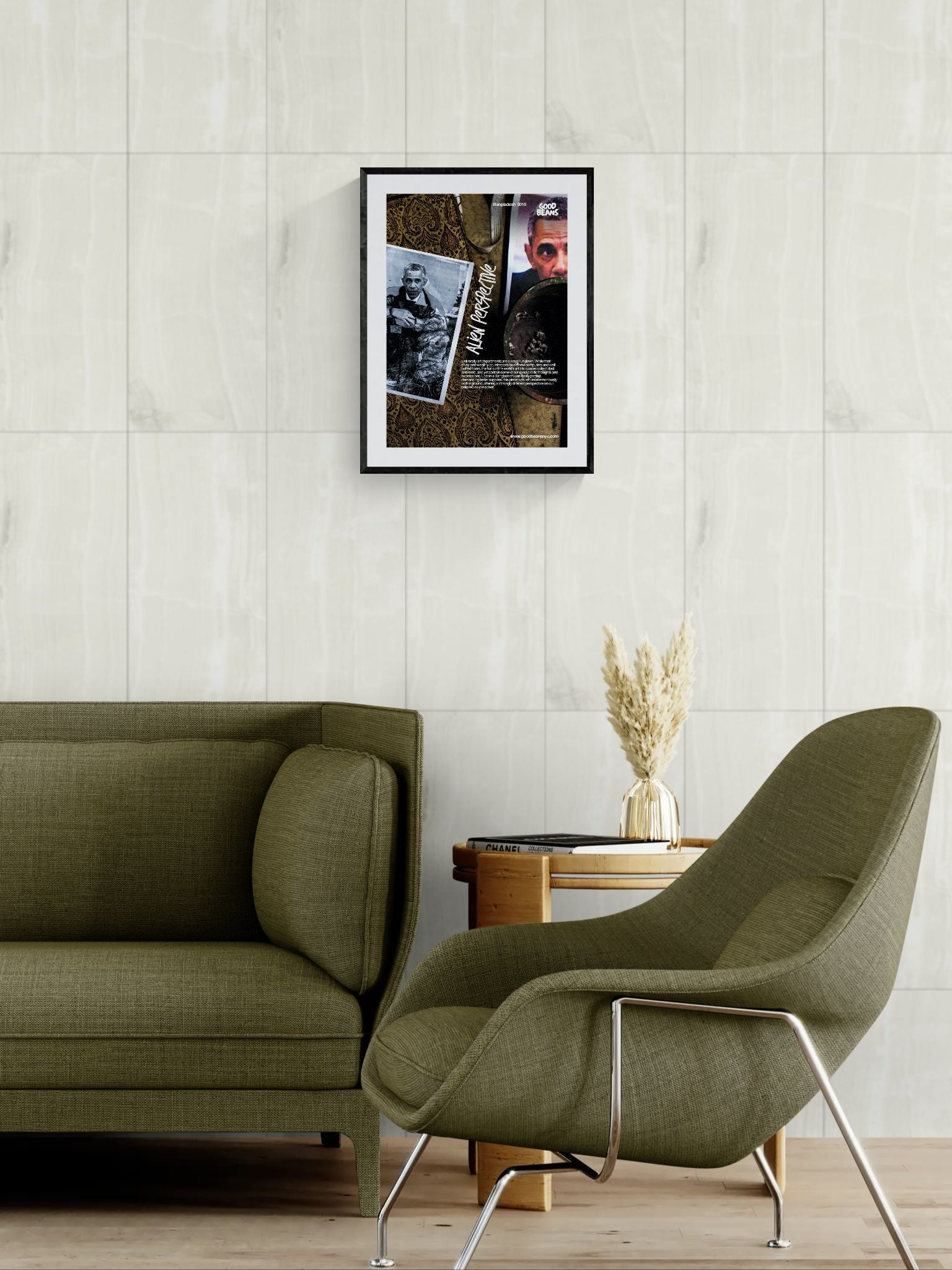 Obama Alien Perspective Poster — Bangladesh 2015 framed in black above a terracotta velvet sofa, gray plaster wall — Good Beans NYC.