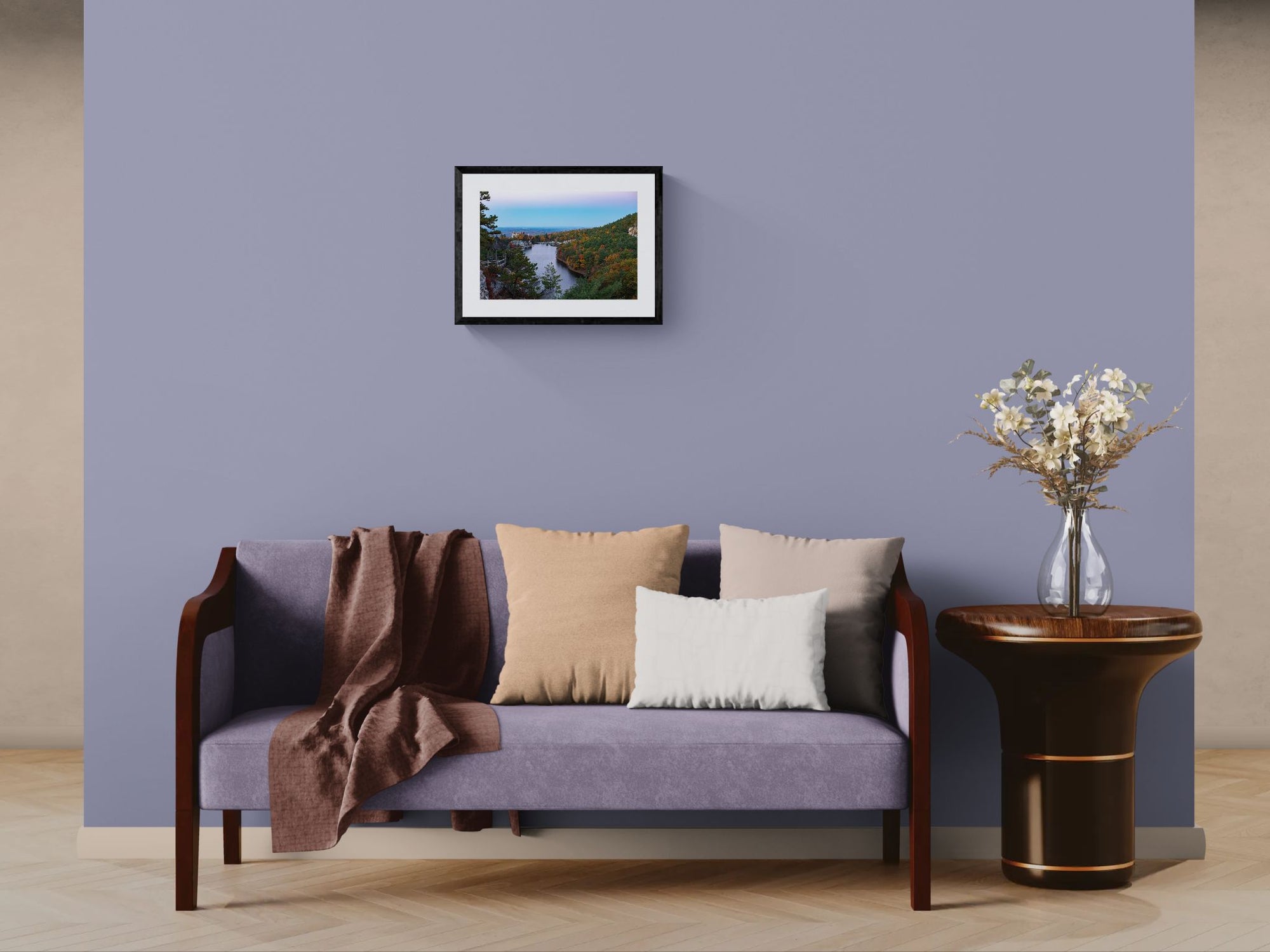 NY Mohonk Mountain House Fall, Hudson Valley framed in black above a beige sofa, sunlit yellow plaster wall — Good Beans NYC.