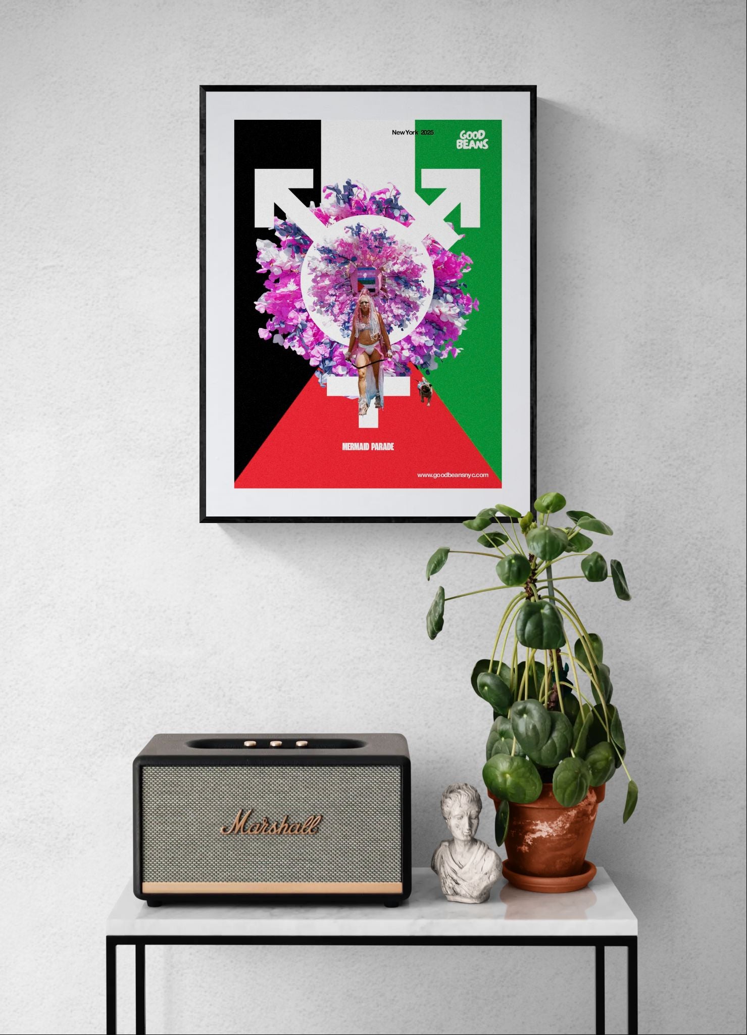 Trans Palestine Poster — Mermaid Parade 2025 framed in black on a gallery wall with a viewer in a straw hat in front — Good Beans NYC.